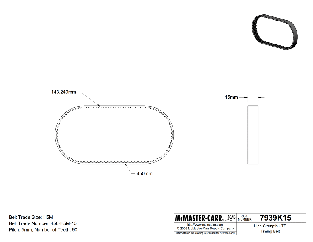 Technical Drawing of High-Strength HTD Timing Belt, 15 mm Wide, Trade Number 450-5m-15.